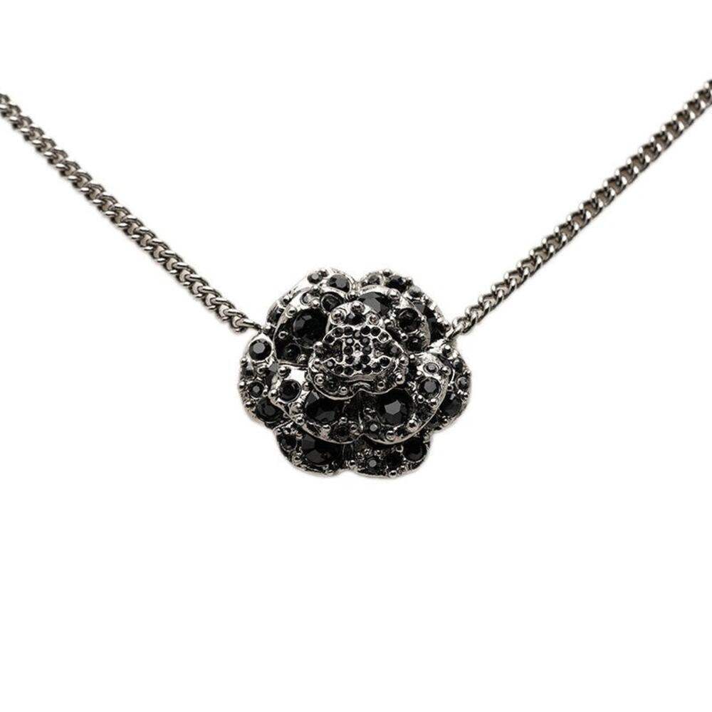 Chanel Camellia CC Logo Necklace Silver Black